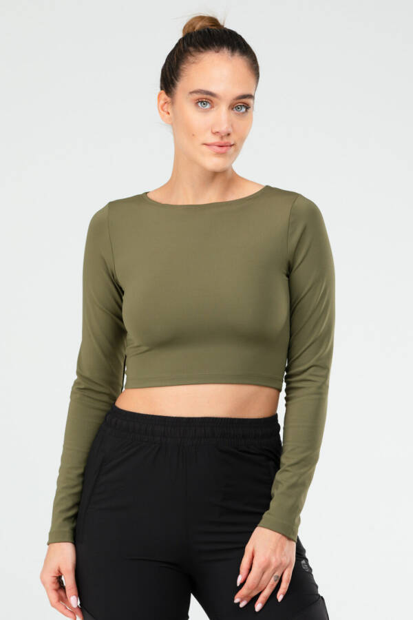 Haki Regular Bisiklet Yaka Uzun Kol Crop Top Kadın Tişört sf0653 - Speedlife