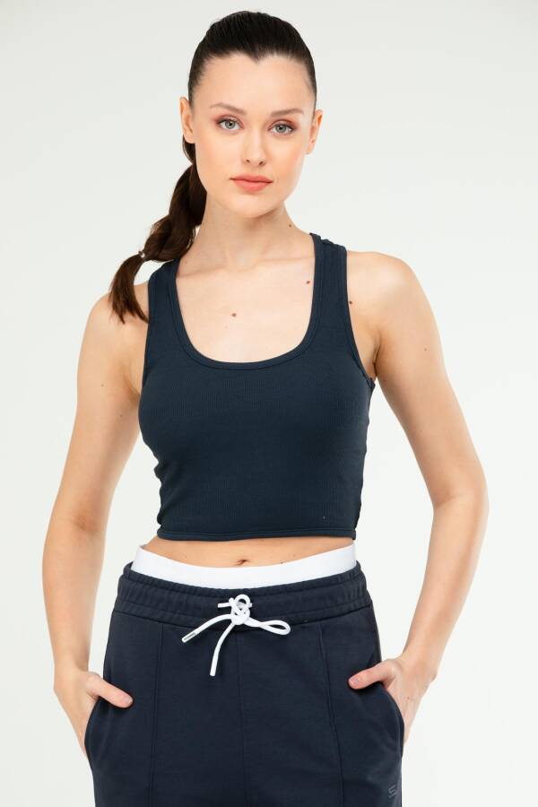 Lacivert Slim Fit Basic Kaşkorse Askılı Kolsuz Kadın Crop Top SF0754 - Speedlife