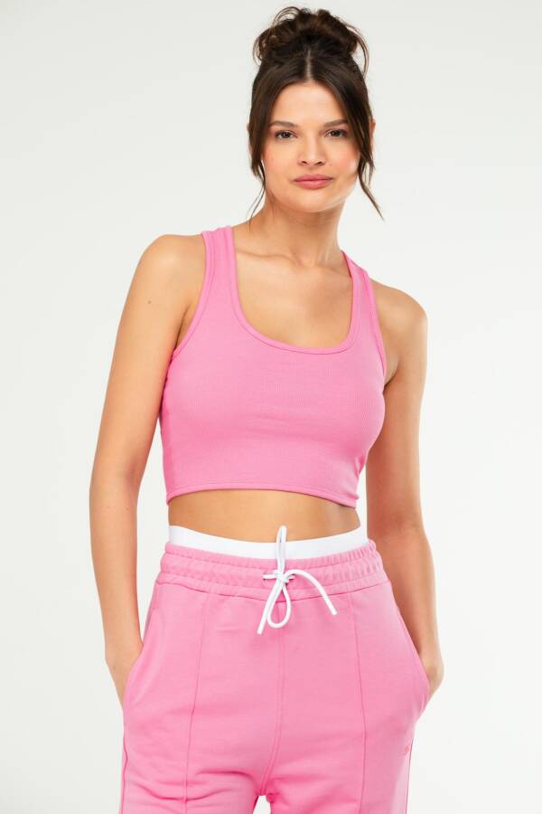 Pembe Slim Fit Basic Kaşkorse Askılı Kolsuz Kadın Crop Top SF0754 - Speedlife